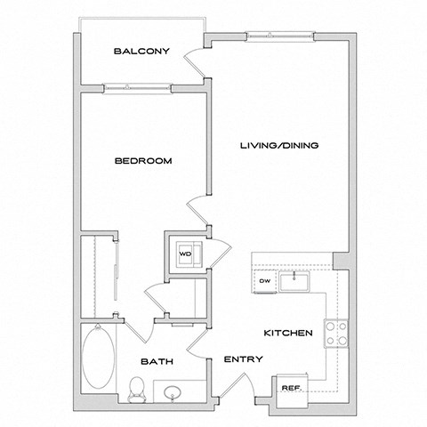 Floor plan for 1 bed, 1 bath, 740 sqft