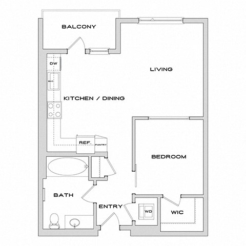 Floor plan for 1 bed, 1 bath, 710 sqft