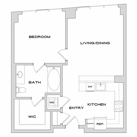 Floor plan for 1 bed, 1 bath, 770 sqft