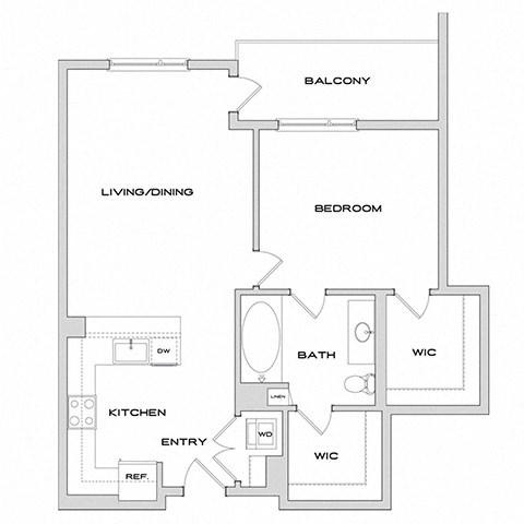 Floor plan for 1 bed, 1 bath, 858 sqft