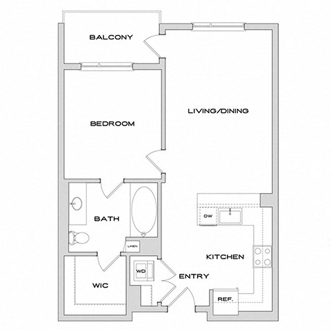 Floor plan for 1 bed, 1 bath, 762 sqft