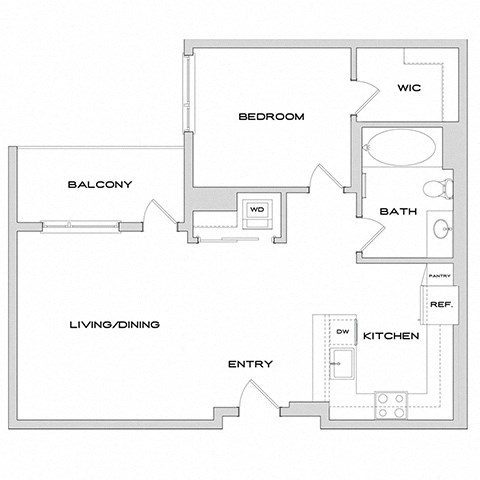 Floor plan for 1 bed, 1 bath, 823 sqft
