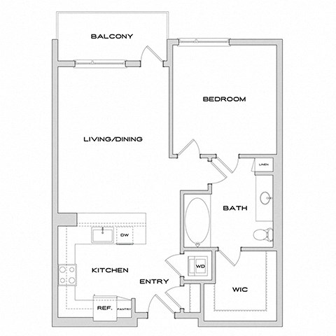 Floor plan for 1 bed, 1 bath, 845 sqft
