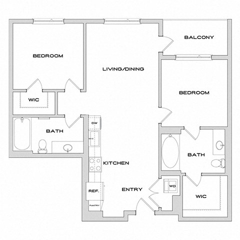 Floor plan for 2 beds, 2 baths, 989 sqft