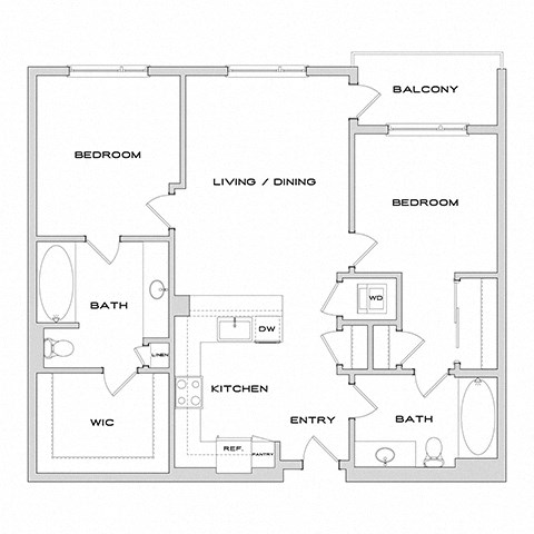 Floor plan for 2 beds, 2 baths, 1086 sqft