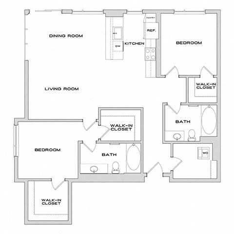 Floor plan for 2 beds, 2 baths, 1380 sqft