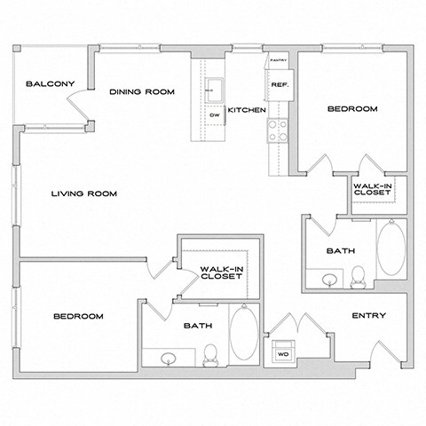 Floor plan for 2 beds, 2 baths, 1261 sqft