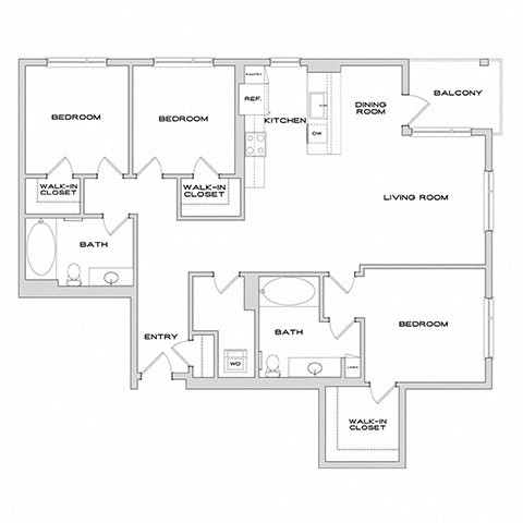 Floor plan for 3 beds, 2 baths, 1456 sqft