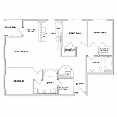 Floor plan for 3 beds, 2 baths, 1395 sqft