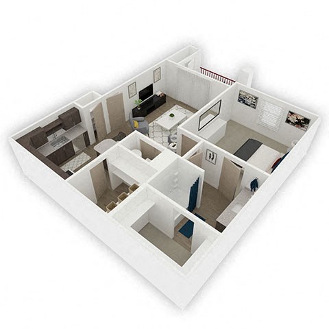 Floor plan for 1 bed, 1 bath, 733 sqft