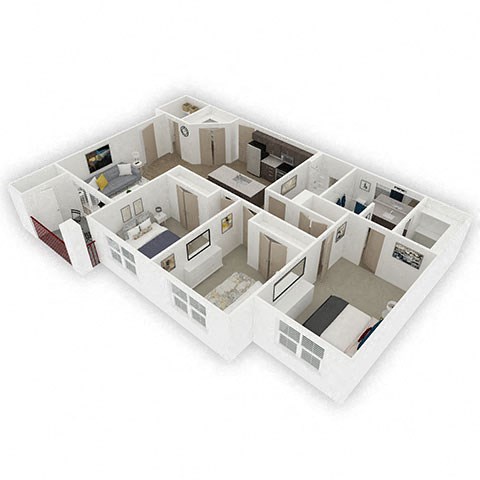 Floor plan for 3 beds, 2 baths, 1232 sqft