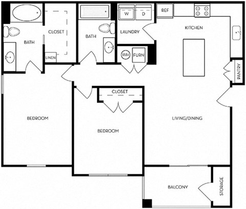 Floor plan for 2 beds, 2 baths, 994 sqft