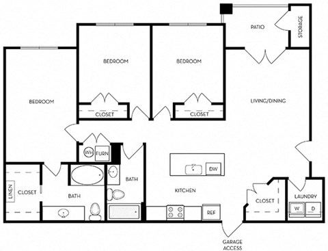 Floor plan for 3 beds, 2 baths, 1282 sqft