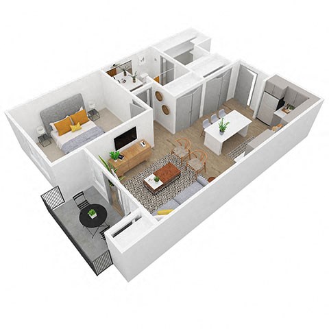 Floor plan for 1 bed, 1 bath, 705 sqft