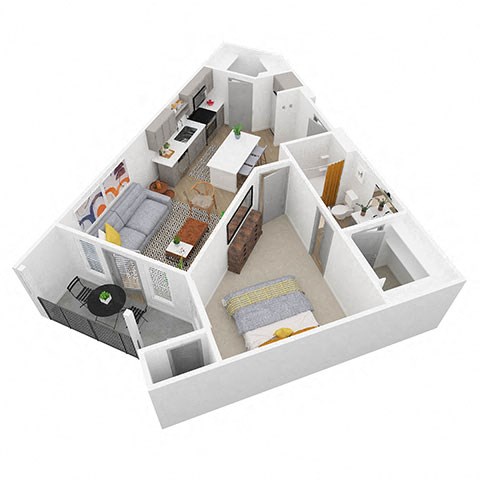 Floor plan for 1 bed, 1 bath, 767 sqft
