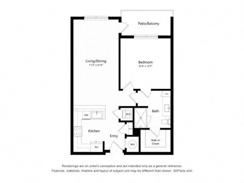 Floor plan for 1 bed, 1 bath, 777 sqft