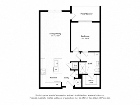 Floor plan for 1 bed, 1 bath, 836 sqft
