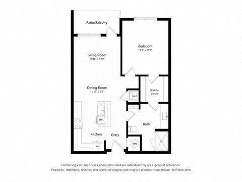Floor plan for 1 bed, 1 bath, 799 sqft