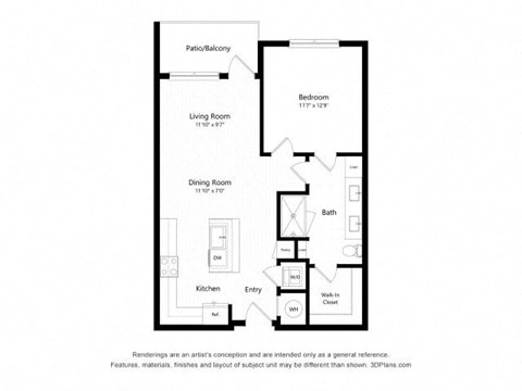 Floor plan for 1 bed, 1 bath, 765 sqft