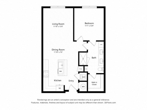 Floor plan for 1 bed, 1 bath, 828 sqft