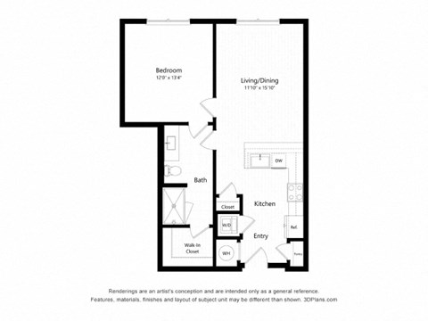 Floor plan for 1 bed, 1 bath, 737 sqft