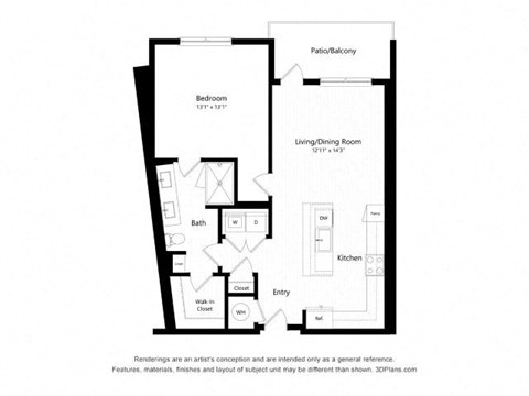 Floor plan for 1 bed, 1 bath, 836 sqft