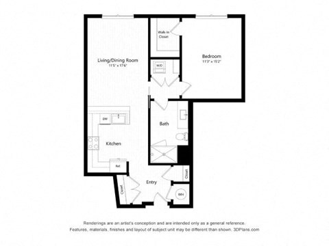 Floor plan for 1 bed, 1 bath, 845 sqft