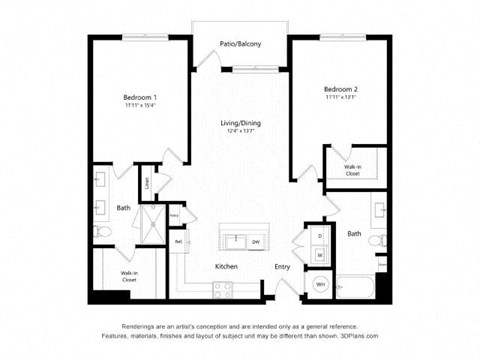 Floor plan for 2 beds, 2 baths, 1194 sqft