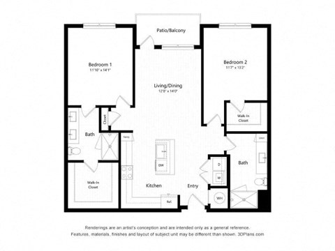 Floor plan for 2 beds, 2 baths, 1223 sqft