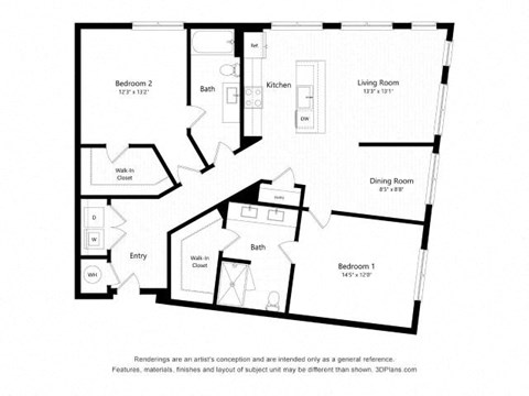 Floor plan for 2 beds, 2 baths, 1353 sqft