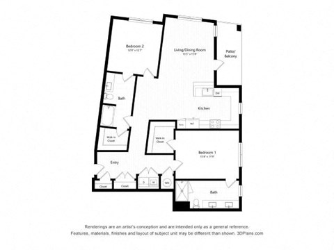 Floor plan for 2 beds, 2 baths, 1363 sqft