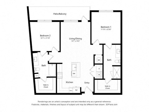 Floor plan for 2 beds, 2 baths, 1120 sqft