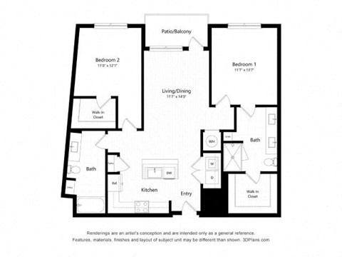 Floor plan for 2 beds, 2 baths, 1199 sqft