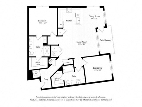 Floor plan for 2 beds, 2 baths, 1301 sqft