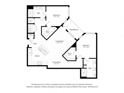 Floor plan for 2 beds, 2 baths, 1317 sqft