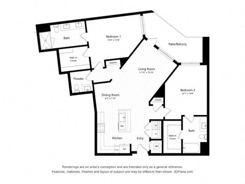 Floor plan for 2 beds, 2.5 baths, 1322 sqft