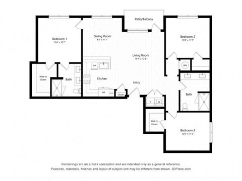 Floor plan for 3 beds, 2 baths, 1411 sqft