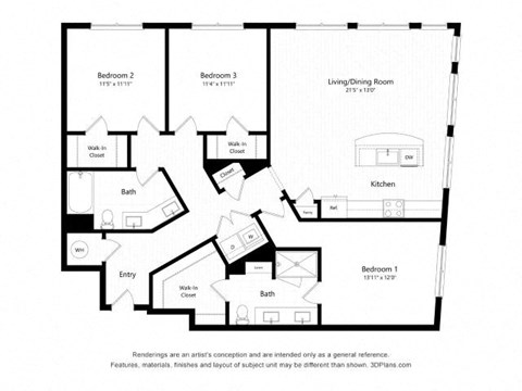 Floor plan for 3 beds, 2 baths, 1562 sqft