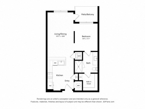Floor plan for studio, 1 bath, 688 sqft