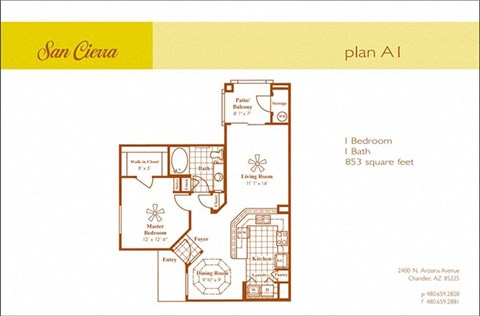 Floor plan for 1 bed, 1 bath, 853 sqft