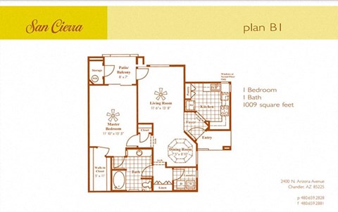 Floor plan for 1 bed, 1 bath, 1009 sqft