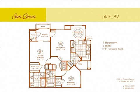Floor plan for 2 beds, 2 baths, 1144 sqft