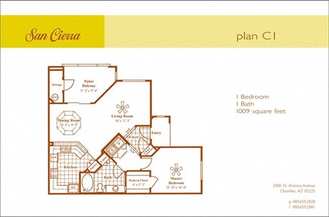 Floor plan for 1 bed, 1 bath, 1009 sqft