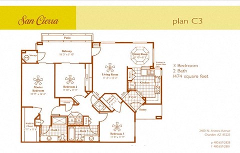 Floor plan for 3 beds, 2 baths, 1474 sqft