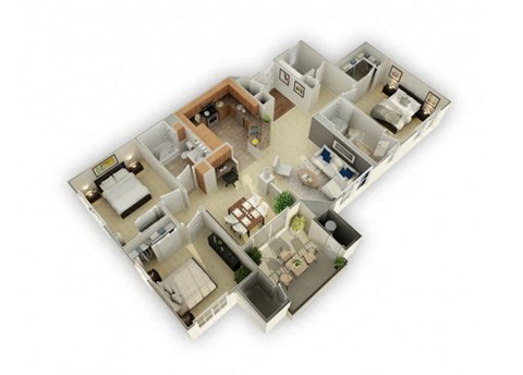 Floor plan for 3 beds, 2 baths, 1265 sqft