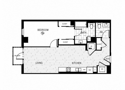 Floor plan for 1 bed, 1 bath, 866 sqft