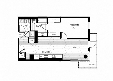 Floor plan for 1 bed, 1 bath, 878 sqft