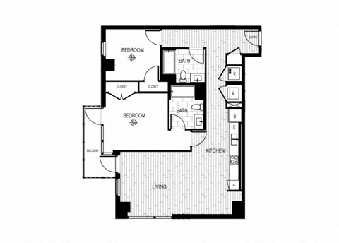 Floor plan for 2 beds, 2 baths, 1128 sqft