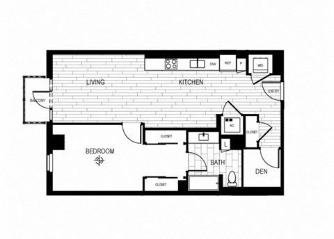 Floor plan for 1 bed, 1 bath, 866 sqft