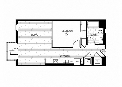 Floor plan for 1 bed, 1 bath, 737 sqft